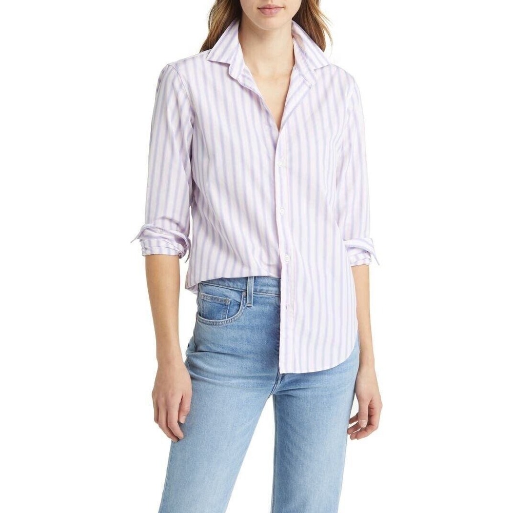 Frank & Eileen Barry Button Up Shirt Womens XS Pink Blue Striped Cotton Top
